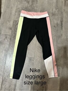 Nike Black Leggings with Pink and Pale Yellow Panels